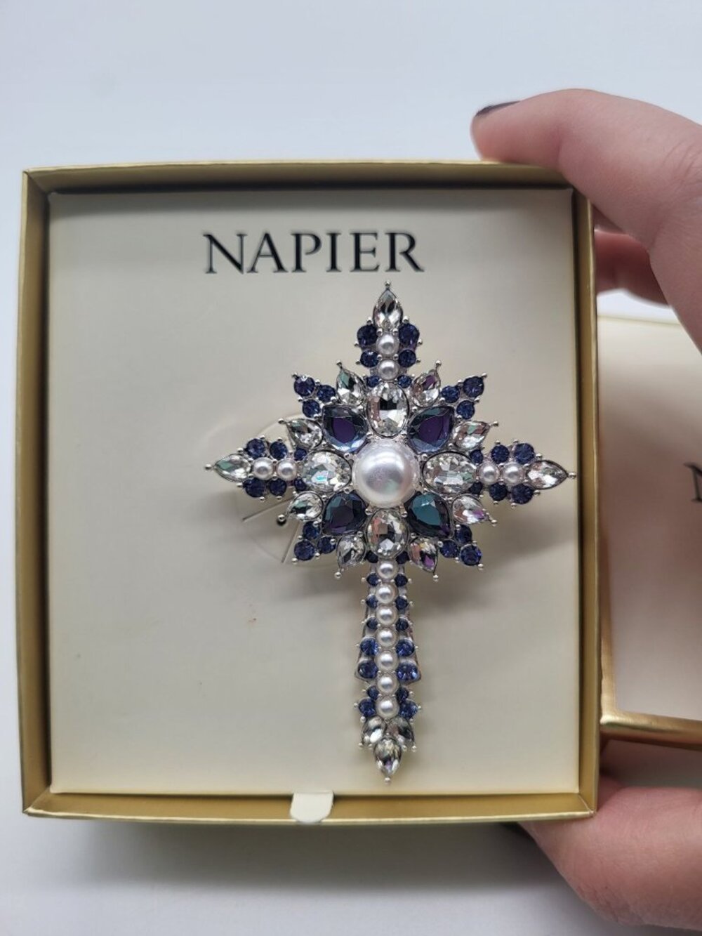 NAPIER Silver Tone 3D Cross Brooch Rhinestones Faux Pearls Blue Clear Religious - Picture 2 of 7